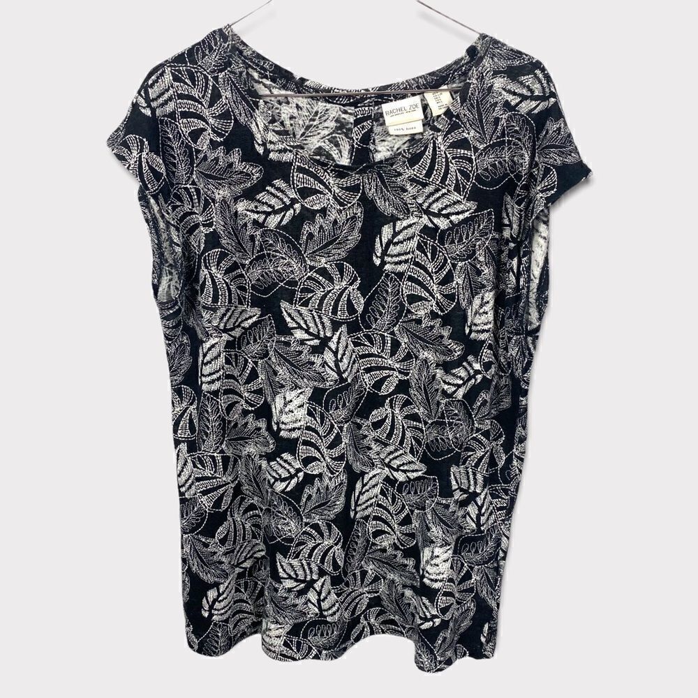 Rachel Zoe Linen Black White Back Button Tropical Top